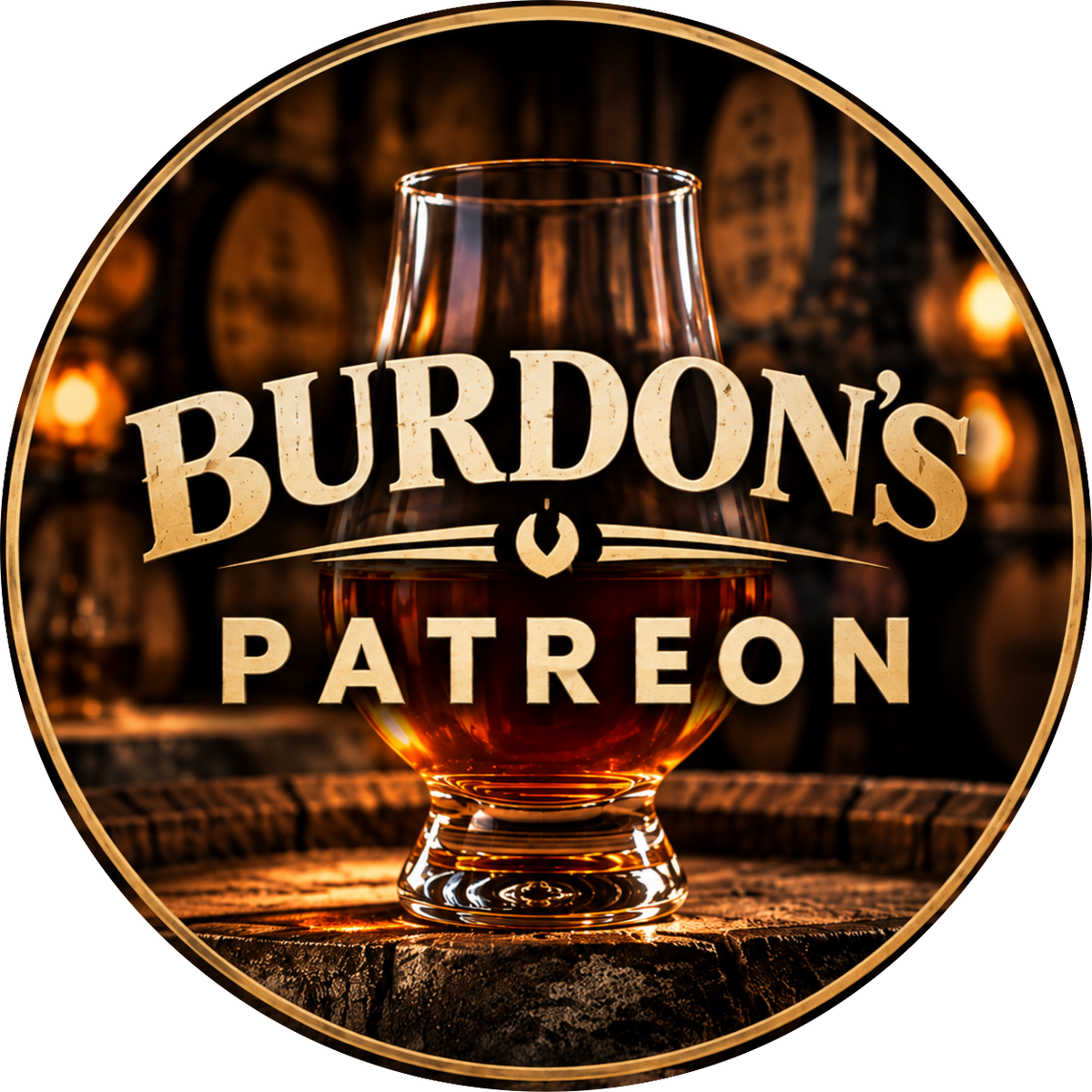 A circular graphic with the text 'BURDON'S PATREON' in large gold lettering over a whiskey glass on a wooden surface, set against a warm blurred bar background.