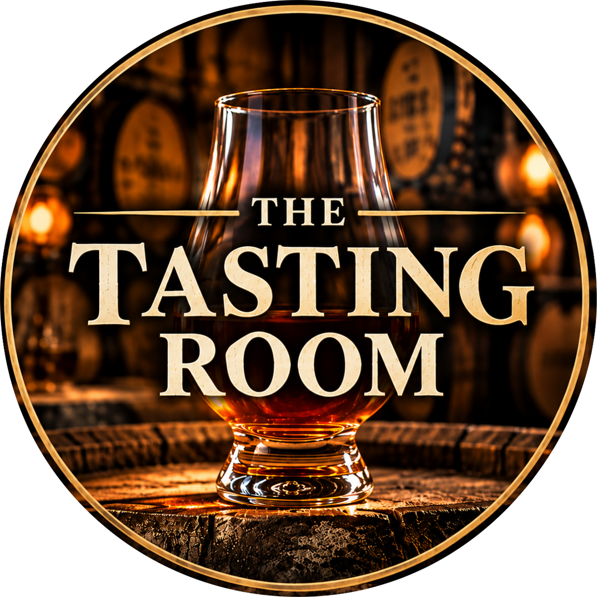 A circular logo or graphic featuring a glass of amber liquor on a wooden surface with the text 'THE TASTING ROOM' in large cream lettering. The background is a warm, blurred bar or cellar scene with barrels and lights, all enclosed in a gold circular border.